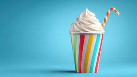 A vibrant soft serve ice cream sits in a colorful striped cup with a straw, creating a tempting visual perfect for summer fun and sweet indulgences.の素材