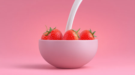 A delightful composition of fresh strawberries in a soft pink bowl, complemented by a pouring stream of cream, vibrant and appetizing, ideal for food enthusiasts and photographers.の素材