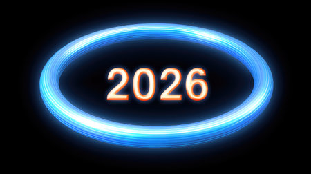 Artistic representation of the year 2026 with glowing blue and orange effects against a dark background, ideal for use in themes related to futurism and celebrations.の素材