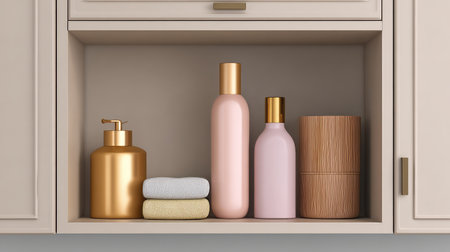 Discover a beautifully arranged bathroom shelf showcasing elegant decorative bottles, soft towels, and stylish containers, creating a serene and inviting atmosphere for your home.の素材