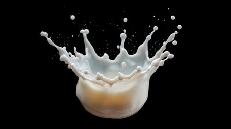Stunning close-up image of milk splashing dramatically to create a crown effect, perfect for food photography and beverage-related projects against a dark background.の素材