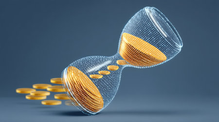 This abstract image features an hourglass filled with coins, symbolizing the interplay of time and wealth in modern finance, emphasizing time management and value.の素材