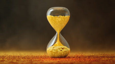 Captivating hourglass filled with gold coins showcases the interplay of time and wealth, inviting viewers to reflect on the importance of saving and investing for a prosperous future.の素材