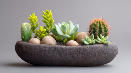 A beautifully arranged display featuring assorted succulents and cacti in a contemporary stone planter, perfect for enhancing modern interiors and bringing a touch of nature indoors.の素材