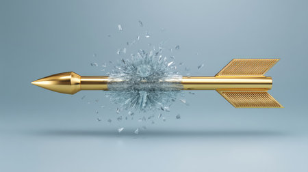 A stunning visual representation of a golden arrow piercing glass, capturing the energy of impact and the beauty of shattered fragments in a soothing minimalist backdrop.の素材
