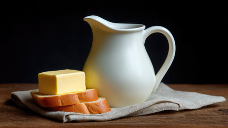A charming scene featuring a white cream jug alongside a slab of butter on fresh bread slices, all set on a natural cloth, perfect for food enthusiasts and culinary inspirations.の素材