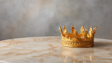 A stunning golden crown placed on a marble table showcases the beauty of royalty and luxury, perfect for varied creative projects requiring an aura of elegance and sophistication.の素材