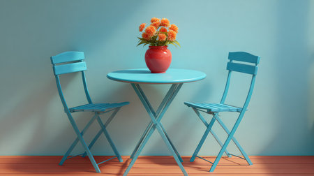 This image showcases a stylish blue indoor seating arrangement featuring a round table and two chairs, adorned with a vibrant floral centerpiece for a lively atmosphere.の素材