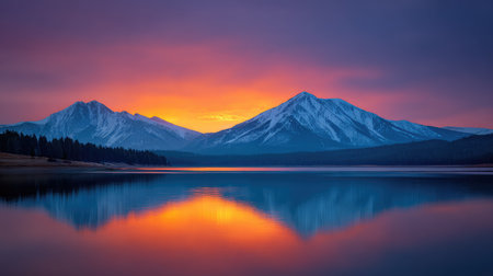 A breathtaking view of a sunrise showcasing vibrant colors reflecting on a calm lake, surrounded by majestic snow-capped mountains, perfect for nature enthusiasts.の素材
