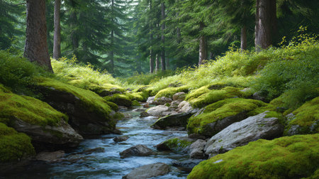 A tranquil forest stream meanders through a lush landscape, featuring vibrant moss-covered rocks and graceful trees, providing a serene escape into natureの素材