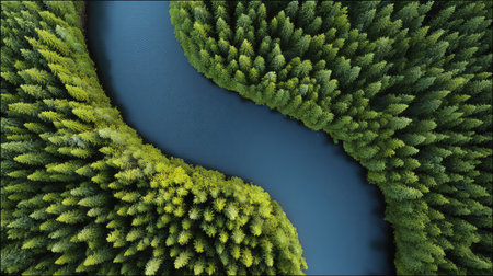 A stunning aerial view of a serpentine river winding through a lush forest, showcasing vibrant greenery and tranquil waters, perfect for nature lovers and outdoor enthusiasts.の素材