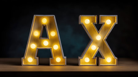 Bright and artistic illuminated letters 'A' and 'X' on a wooden surface create a stylish decor element, adding a warm glow to any environment for creative displays.の素材