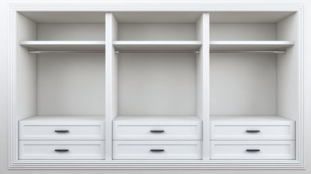A spacious, modern shelving unit with a minimalist design, featuring three sections and drawers, perfect for organized storage in home and office settings.の素材