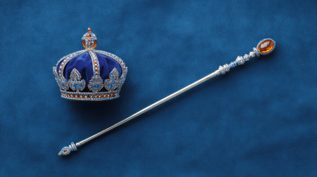 This striking image features a royal crown and scepter on a luxurious blue velvet backdrop, beautifully reflecting tradition and elegance in their intricate design.の素材