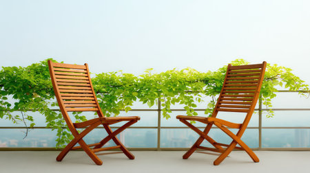 A tranquil outdoor balcony featuring two wooden chairs surrounded by lush greenery, creating a refreshing atmosphere perfect for enjoying nature and serene moments.の素材