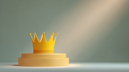 A striking golden crown sits on a simple pedestal, illuminated by a soft spotlight, creating a stunning visual representation of royalty, achievement, and celebration within a minimalist environment.の素材