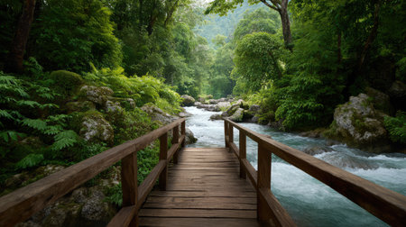 A picturesque scene of a tranquil river flowing under a wooden bridge, surrounded by lush forest greenery, evoking a sense of peace and connection with nature.の素材