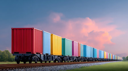 A row of colorful cargo containers is transported on a freight train along a railroad track, showcasing vibrant hues against a stunning sunset sky.の素材