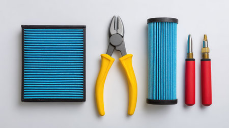 A well-arranged display of essential tools, featuring a blue air filter, yellow pliers, and red-handled instruments on a clean background, ideal for maintenance projects.の素材
