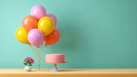 Vibrant and cheerful celebration setup featuring colorful balloons, a delicious cake on a stand, and a beautiful flower arrangement for a joyful occasion.の素材