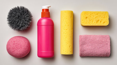 A vibrant collection of cleaning supplies showcases essential items for effective household maintenance, including sponges, brushes, and cleaning liquid, on a neutral backdrop.の素材