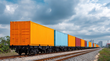 A line of vibrant shipping containers traverses a rail track under a dramatic sky, illustrating the integration of industry and transportation in an urban landscape.の素材
