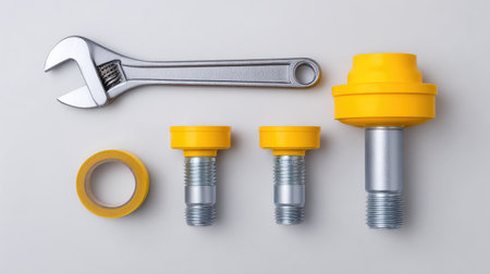 A composition of essential tools including a wrench and various pipe fittings displayed on a neutral background, ideal for plumbing, mechanics, and DIY projects.の素材