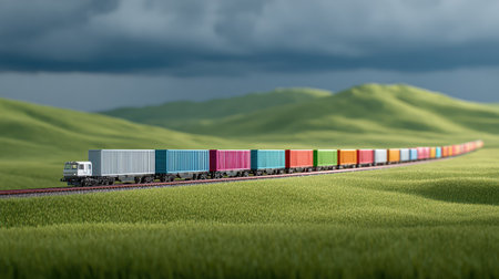 A vibrant container train moves across rolling green hills beneath a dynamic sky, capturing the essence of transportation industry in an idyllic natural setting.の素材