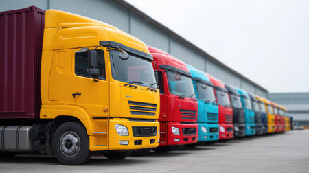 A striking array of heavy-duty trucks in vibrant colors stands parked at a warehouse, illustrating the essential role of transportation in logistics and freight operations.の素材