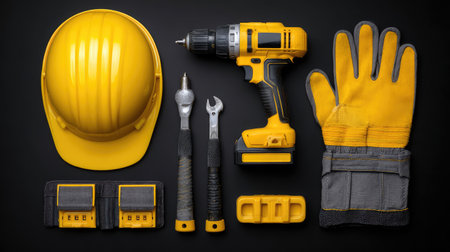 A well-arranged layout of essential construction tools and safety gear, showcasing a yellow hard hat, power drill, adjustable wrench, gloves, and accessories on a striking black background.の素材