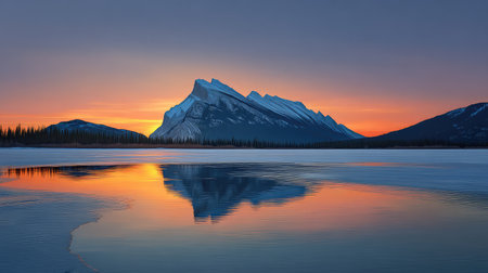 A breathtaking scene of a snow-covered mountain range at sunset, its peaks reflected in the still, icy waters of a tranquil lake, perfect for nature lovers and outdoor enthusiasts.の素材