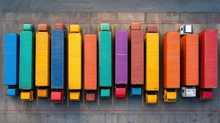 This aerial image showcases a vibrant array of shipping containers neatly aligned at a freight terminal, depicting the essence of logistics and transportation in an industrial setting.の素材