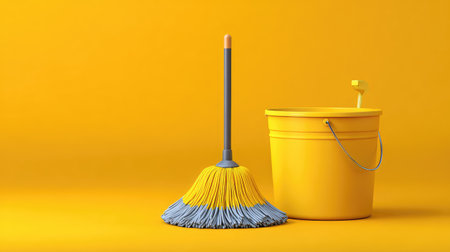 A vibrant and visually appealing setup of a mop and bucket in bright yellow tones, perfect for representing cleanliness and home maintenance in modern environments.の素材