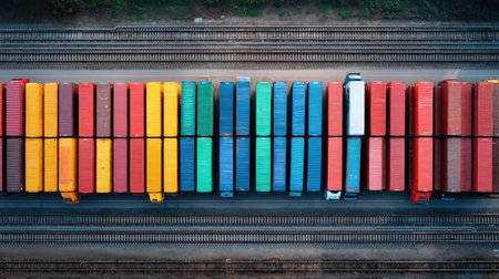An overhead shot displays a vibrant array of shipping containers arranged precisely on railway tracks, emphasizing the complexity of transportation logistics and cargo management.の素材