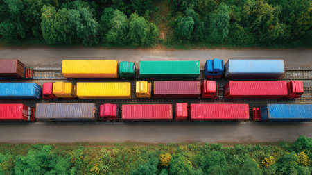 An aerial perspective showcasing colorful freight trucks arranged along railway tracks, surrounded by lush trees, representing logistics and transport in a vibrant outdoor setting.の素材
