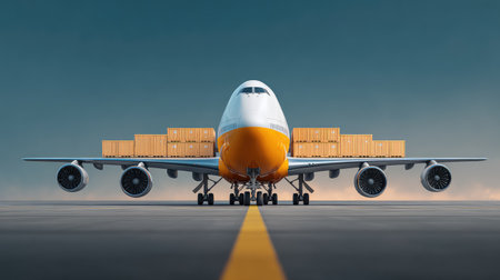 A powerful cargo aircraft stands ready for departure on the runway, showcasing its vibrant colors and impressive load of shipping containers against a serene sky.の素材