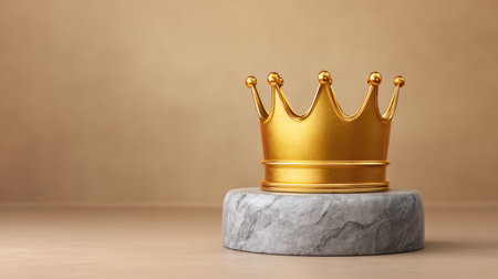 A striking golden crown on a marble base highlights themes of royalty and luxury, perfect for illustrations related to achievement, awards, and celebrations.の素材