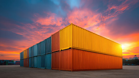 Brightly colored shipping containers are stacked against a stunning sunset sky, creating a visually striking scene perfect for themes related to logistics, transport, and urban landscapes.の素材