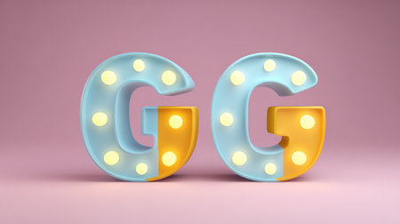 This artistic 3D render features a playful letter G, illuminated by bright bulbs. Its modern design and vibrant colors make it ideal for creative projects and advertising themes.の素材
