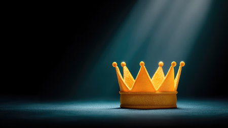A bright yellow crown rests on a dark background, illuminated by a dramatic spotlight, symbolizing royalty, achievement, and inspiration for various creative projects.の素材