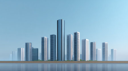 An impressive modern skyline featuring sleek skyscrapers and vibrant reflections in calm water, illustrating the essence of contemporary architectural design and urban development.の素材
