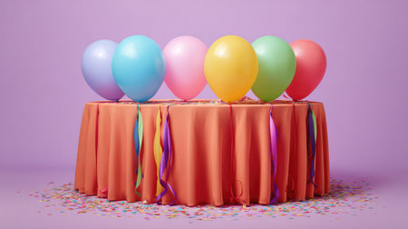A lively scene featuring colorful balloons atop a round table draped in a vibrant orange cloth, creating a perfect backdrop for festive celebrations and joyful gatherings.の素材