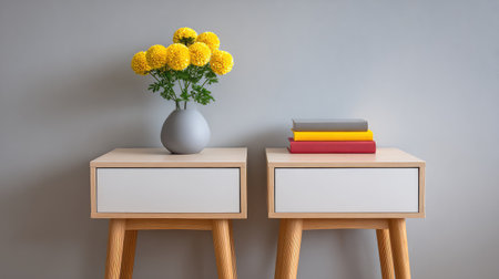 This image showcases a modern minimalist decor featuring stylish nightstands, a decorative flower vase, and colorful books, ideal for enhancing any living space's aesthetic.の素材