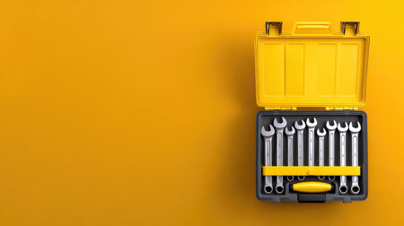 A detailed view of a steel wrench set neatly arranged in a yellow toolbox, placed against a bright yellow background, ideal for showcasing tools for home improvement.の素材