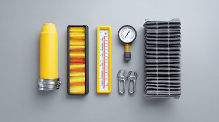 Displayed on a gray surface, this image features essential automotive maintenance tools, including an air filter, pressure gauge, and various wrenches, ideal for workshops and mechanics.の素材