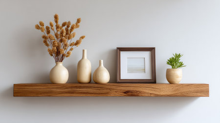 A stylish minimalist shelf displays dried flowers, elegant vases, a framed picture, and a modern plant, creating a serene and inviting atmosphere perfect for home decoration.の素材