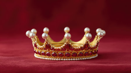 This striking golden crown, embellished with red gemstones and pearls, captures the essence of elegance and royalty, ideal for themes of beauty and luxury.の素材