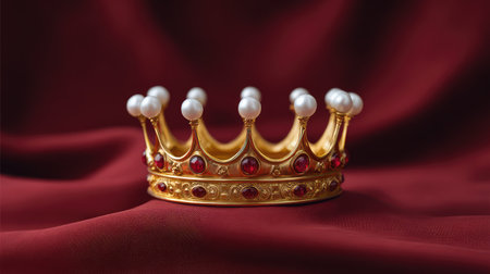 Stunning gold crown embellished with pearls and red gems rests on luxurious burgundy fabric, perfect for themes of royalty, elegance, and celebration in various designs.の素材