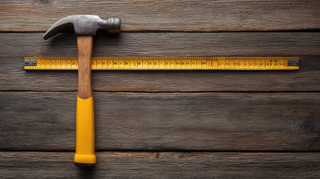 A detailed image showcasing a wooden hammer alongside a tape measure on a rustic wooden surface, ideal for themes of construction, DIY projects, and home renovation.の素材