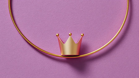 A stylish golden crown sits delicately within a circular frame against a soft pink background, evoking thoughts of luxury, beauty, and celebration, ideal for creative projects.の素材